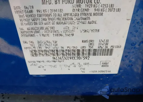 2019 Ford Ecosport Ses из США, поврежденный, VIN MAJ6S3JL9KC307592